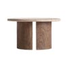 Mesa de centro lemming de estilo rústico fabricado en madera recuperada en color marrón con acabado envejecido combinado con travertino en color crema. Producto desmontable.