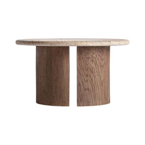 Mesa de centro lemming de estilo rústico fabricado en madera recuperada en color marrón con acabado envejecido combinado con travertino en color crema. Producto desmontable.