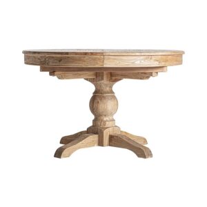 Mesa extensible sonvigo en color marrón de estilo colonial. Fabricado en madera de olmo reciclado. Producto desmontable extensible.