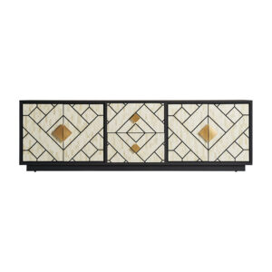 Mueble tv Charmes de estilo art deco fabricado en madera dm en color negro combinado con hueso en color blanco en color oro.
