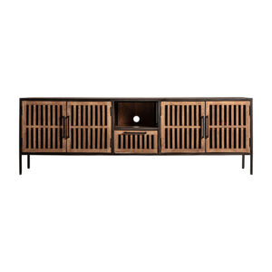 Mueble tv Gaffney de estilo industrial fabricado en madera de mango en color marrón combinado con hierro en color natural.
