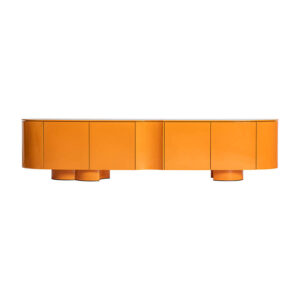 Mueble tv mirkov de estilo contemporáneo fabricado en madera dm en color naranja con acabado lacado combinado con hierro.
