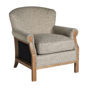 Sillón Laronxe de estilo colonial fabricado en poliéster en color gris combinado con madera de fresno.