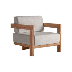 Sillón testa de estilo colonial fabricado en madera de teka reciclada en color marrón con acabado natural combinado con polipropileno reciclado. Producto desmontable desenfundable.