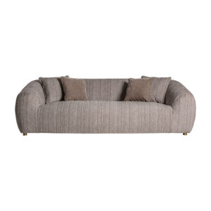 Sofá dolcedo de estilo art deco fabricado en madera de pino en color marrón combinado con acero y poliéster en color topo.