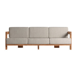 Sofá testa de estilo colonial fabricado en madera de teka reciclada en color marrón con acabado natural combinado con polipropileno reciclado en color blanco. Producto desmontable desenfundable.