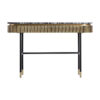 Consola Valbruna de estilo art deco fabricado en madera dm en color oro con acabado revestimiento de latón combinado con mármol en color negro con acabado texturizado y hierro en color negro con acabado revestimiento en polvo negro. Producto desmontable.