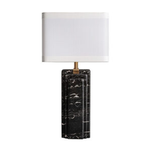Lámpara de sobremesa de estilo art deco fabricado en mármol en color negro combinado con hierro en color oro y poliéster en color blanco. Producto desmontable.