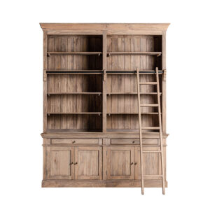 Librería Mandern de estilo colonial fabricado en madera de mango en color marrón con acabado envejecido combinado con hierro en color cobre y madera dm. Producto desmontable.