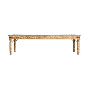 Mesa comedor kalyan de estilo étnico fabricado en madera de mango en color marrón con acabado envejecido.