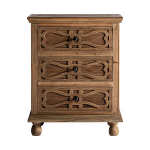 Mesita de noche Rumford de estilo colonial fabricado en madera de pino reciclado en color marrón.