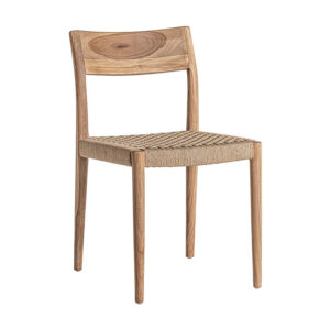Silla caen de estilo colonial fabricado en madera de teka en color marrón combinado con fibra natural en color marrón claro.