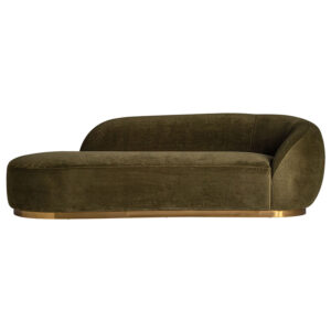 Sofá Gacé de estilo art deco fabricado en terciopelo en color verde combinado con acero en color oro.