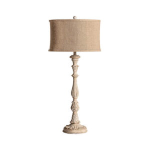 Lámpara de pie de estilo provenzal fabricado en resina en color beige con acabado envejecido combinado con algodón. Producto desmontable.