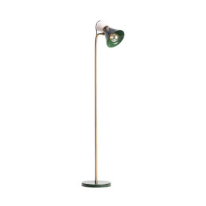 Lámpara de pie de estilo art deco fabricado en hierro en color verde combinado con latón en color oro.