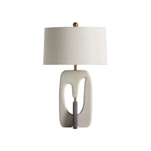 Lámpara de sobremesa Prisca de estilo contemporáneo fabricado en ricestone en color gris combinado con hierro en color bronce y algodón en color blanco. Producto desmontable.