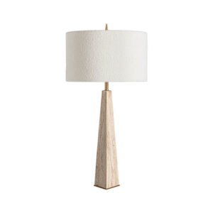 Lámpara de sobremesa Tetbury de estilo art deco fabricado en mármol en color beige combinado con hierro en color oro con acabado bronce y algodón bouclé en color blanco. Producto desmontable.