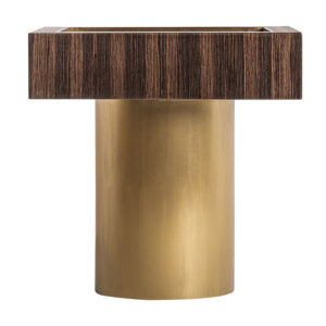 Mesa auxiliar cheb de estilo art deco fabricado en madera de pino en color marrón combinado con acero en color oro y madera contrachapada.