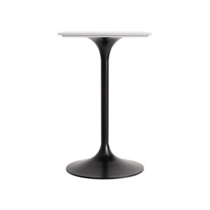 Mesa bar perrier de estilo art deco fabricado en porcelánico en color blanco combinado con acero en color negro. Producto desmontable.