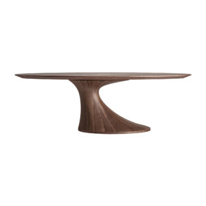 Mesa comedor sittard de estilo contemporáneo fabricado en chapa de nogal en color marrón con acabado natural combinado con madera dm y fibra de vidrio.