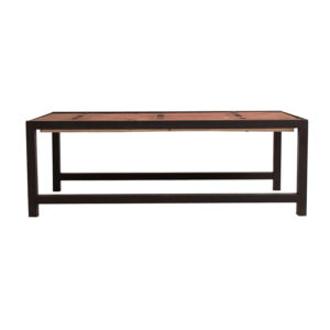 Mesa de centro Sudbury de estilo industrial fabricado en madera de olmo reciclado en color negro con acabado envejecido combinado con hierro en color natural.