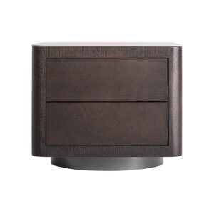 Mesita de noche wholen de estilo art deco fabricado en madera dm en color marrón combinado con chapa de roble en color gris y piedra sinterizada en color blanco.