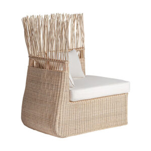 Módulo sofá esquinero Roche de estilo étnico fabricado en ratán en color marrón combinado con algodón en color blanco con acabado liso.