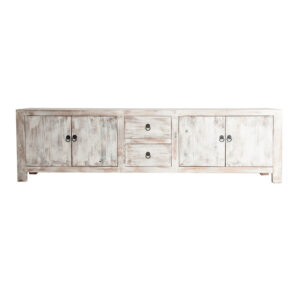 Mueble tv Baratti de estilo provenzal fabricado en madera de pino reciclado en color blanco roto con acabado decapado.