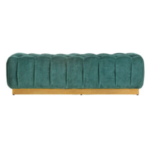 Pie de cama lignitz de estilo art deco. Fabricado en madera de mango en color verde combinado con terciopelo en color oro y hierro. Relleno espuma.