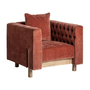 Sillón carlton de estilo art deco fabricado en poliéster en color burdeos combinado con madera de pino en color marrón y espuma. Producto desenfundable.