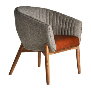 Sillón neive de estilo vintage fabricado en madera de fresno en color gris combinado con poliéster y piel.