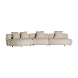 Sofá modular zakupi de estilo contemporáneo fabricado en poliéster en color beige combinado con madera de caucho y madera contrachapada.