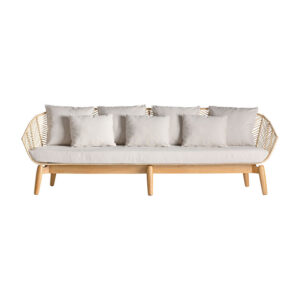Sofá Plissé rattan de estilo nórdico fabricado en madera de mahogany en color marrón combinado con ratán y algodón. Producto desenfundable.