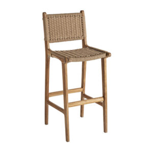 Taburete vaduz de estilo colonial fabricado en madera de teka en color marrón combinado con fibra natural.