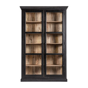 Vitrina bavay de estilo colonial fabricado en madera de mango en color negro combinado con vidrio en color natural. Producto desmontable.