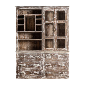 Vitrina malung de estilo rústico fabricado en madera de mango en color blanco con acabado envejecido combinado con cristal en color marrón. Producto apilable.