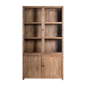 Vitrina Nysted de estilo colonial fabricado en madera de teka reciclada en color marrón combinado con cristal en color transparente. Producto apilable.