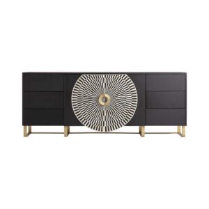 Aparador Gatsby de estilo art deco fabricado en madera dm en color negro combinado con hierro en color blanco y hueso en color oro.