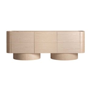 Aparador Prayssac de estilo art deco fabricado en chapa de roble en color crema combinado con madera contrachapada y madera dm.