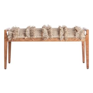 Banco Corao de estilo boho fabricado en madera de mango en color marrón claro combinado con algodón en color tonos en marrón y yute en color beige.