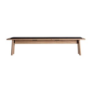 Banco nara de estilo contemporáneo fabricado en madera roble en color marrón claro combinado con polipiel en color negro.