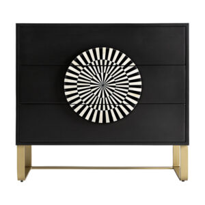 Cómoda gatsby de estilo art deco fabricado en madera dm en color negro combinado con hueso en color blanco y hierro en color oro.