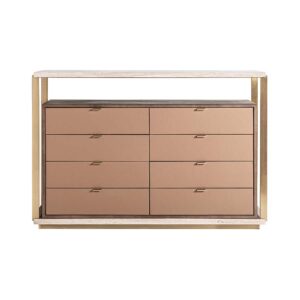 Cómoda monza de estilo art deco fabricado en travertino en color beige combinado con acero inoxidable en color dorado y madera dm en color marrón.