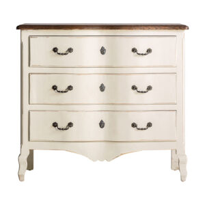 Cómoda Pivka de estilo provenzal fabricado en madera de pino en color blanco roto con acabado envejecido.