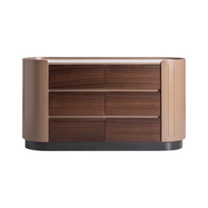 Cómoda Soaza de estilo contemporáneo fabricado en madera contrachapada en color marrón combinado con chapa de eucalipto en color marrón claro y piedra sinterizada en color blanco.