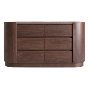 Cómoda Stuetta de estilo contemporáneo fabricado en madera contrachapada en color marrón combinado con chapa de roble y piedra sinterizada en color blanco con acabado veteado.