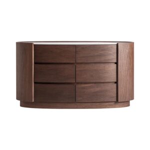 Cómoda Stuetta de estilo contemporáneo fabricado en madera contrachapada en color marrón combinado con chapa de roble en color marrón y piedra sinterizada en color blanco.
