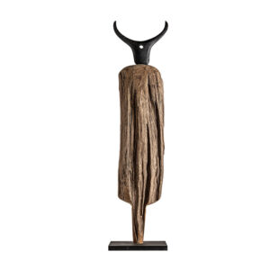 Escultura Anuket de estilo étnico fabricado en madera tropical en color negro con acabado envejecido combinado con hierro en color natural.
