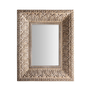 Espejo Barveire de estilo oriental fabricado en resina en color beige con acabado envejecido combinado con espejo.