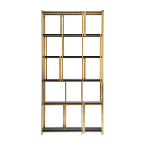 Estanteria leira de estilo art deco fabricado en acero en color oro combinado con madera roble en color negro.